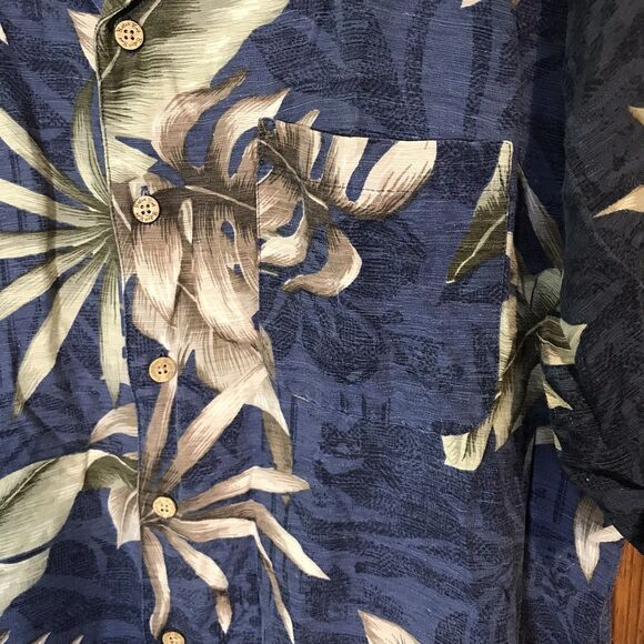 Vtg. Batik Bay 100% Silk Hawaiian Shirt Men's M  Blue Tan SS Top Loop Button Up - Picture 5 of 11